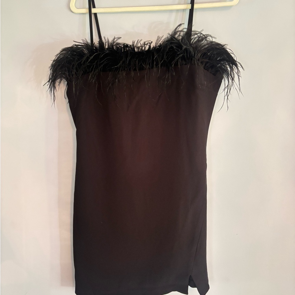 Boutique 9 Black Mini Dress with Feather Trim